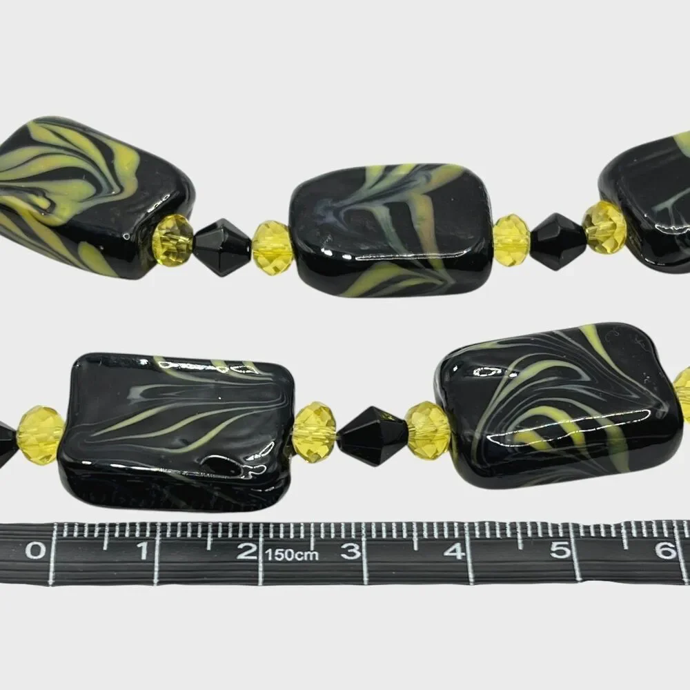 Lot Art Glass Beads Black Yellow Swirl Silver Tone Foil Jewelry Craft Lampwork
